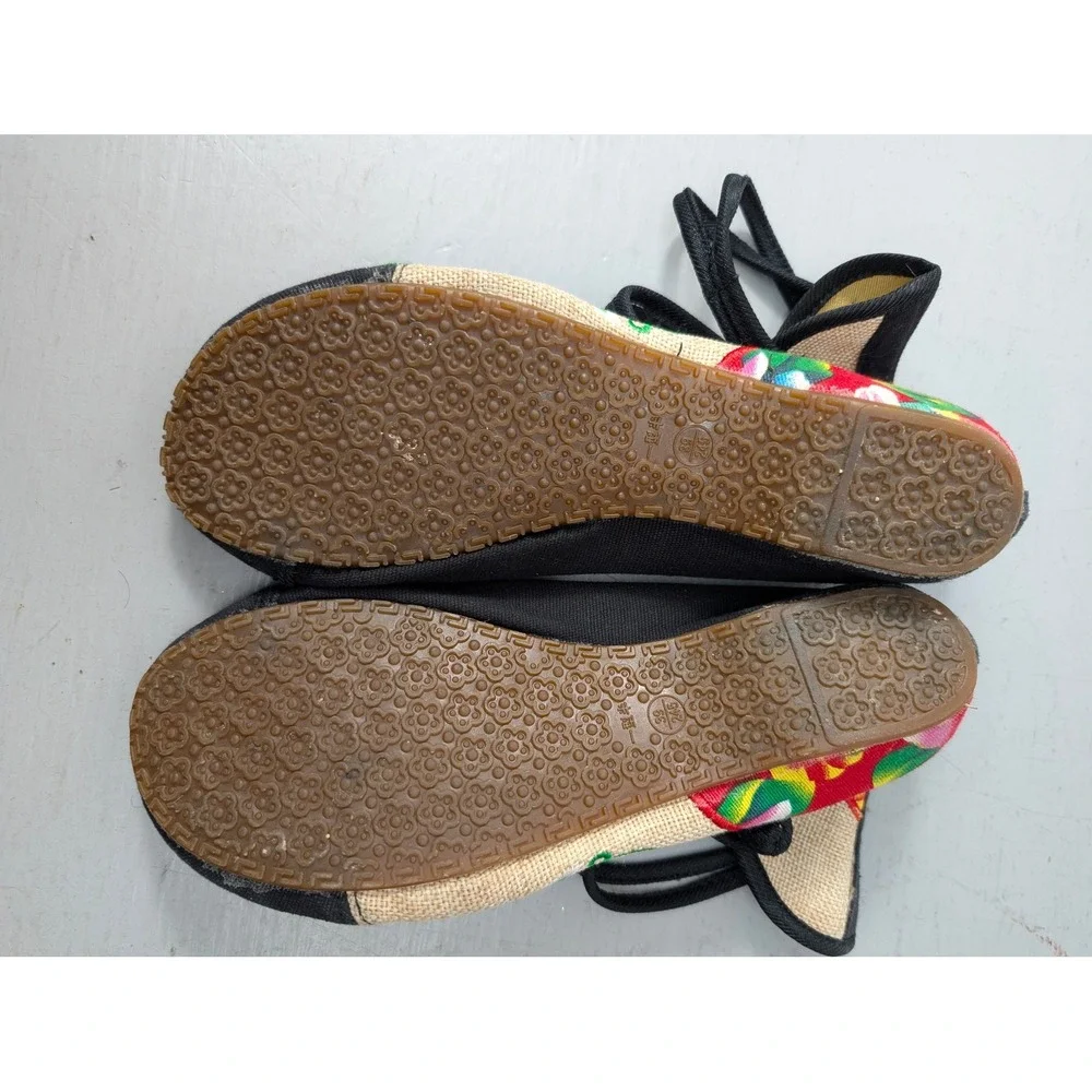 Traditional Chinese Floral Embroidered Double Ankle Wrap Ballet Shoes Size 39